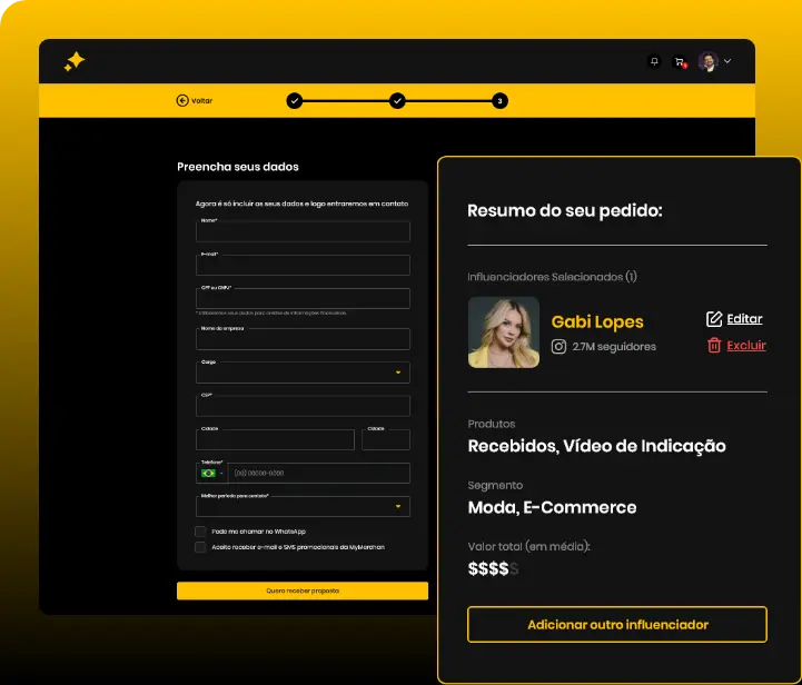 Página de seleção de influenciadores na plataforma MyMerchan com resumo de pedido e formulário de dados.