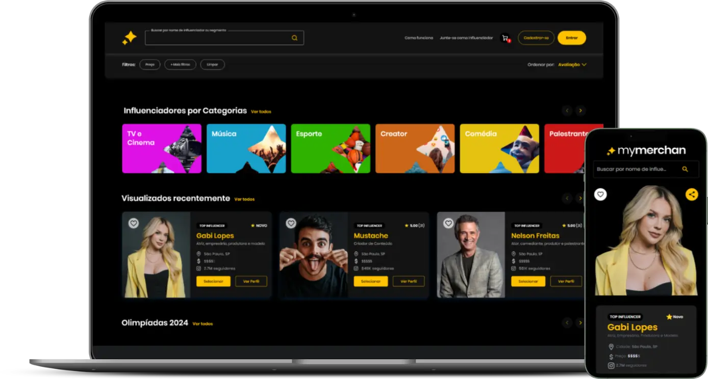 Plataforma MyMerchan exibindo influenciadores e categorias de influenciadores
